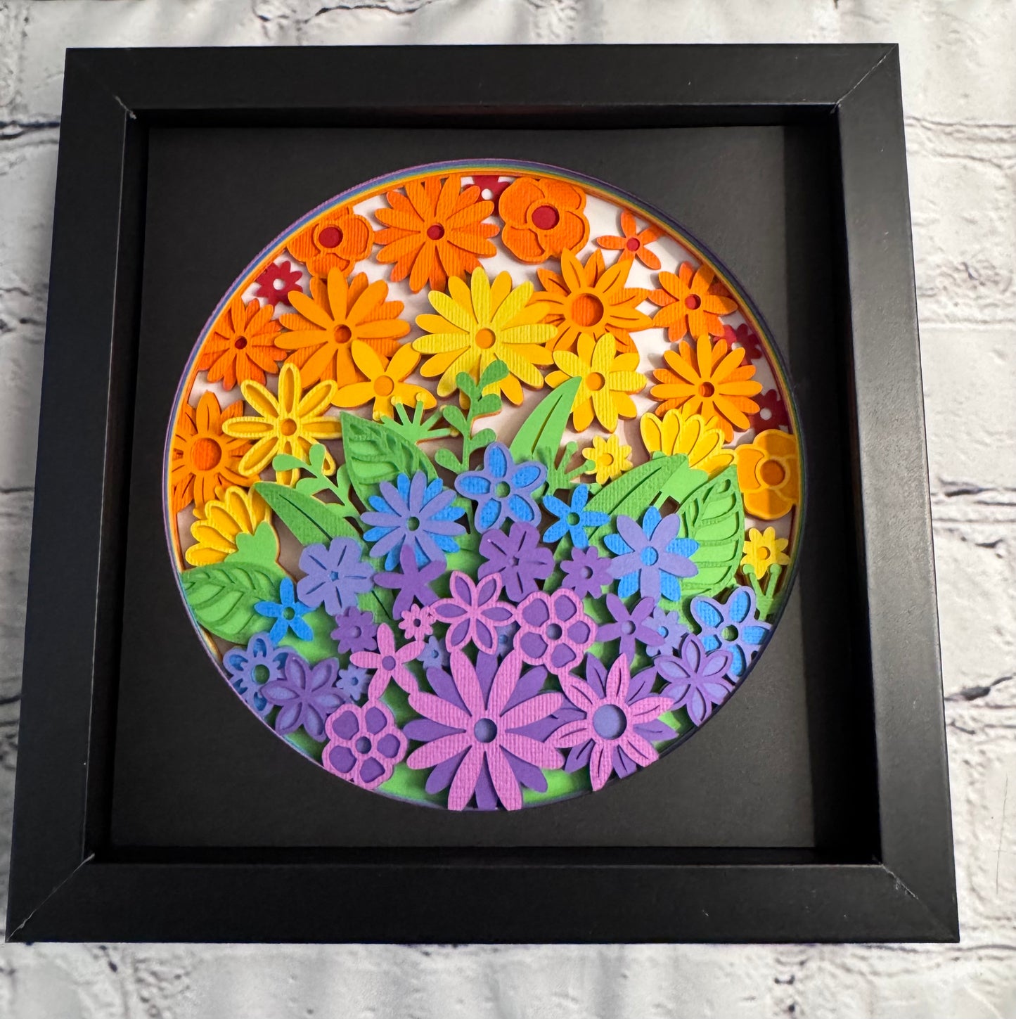 Rainbow flowers 3D paper art in a shadowbox
