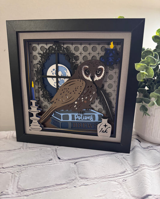 Owl with potions and brew books 3D paper art in a shadowbox