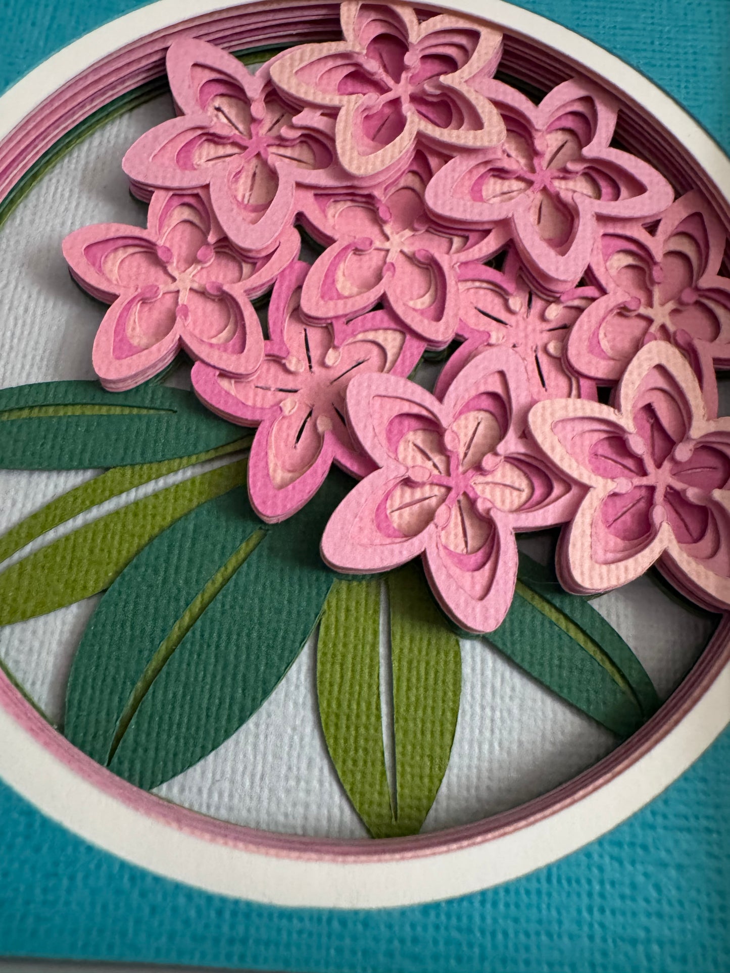 Rhododendron close up mini 3D paper art in a shadowbox