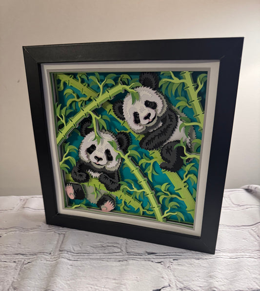 Pandas in bamboo 3D paper art shadowbox