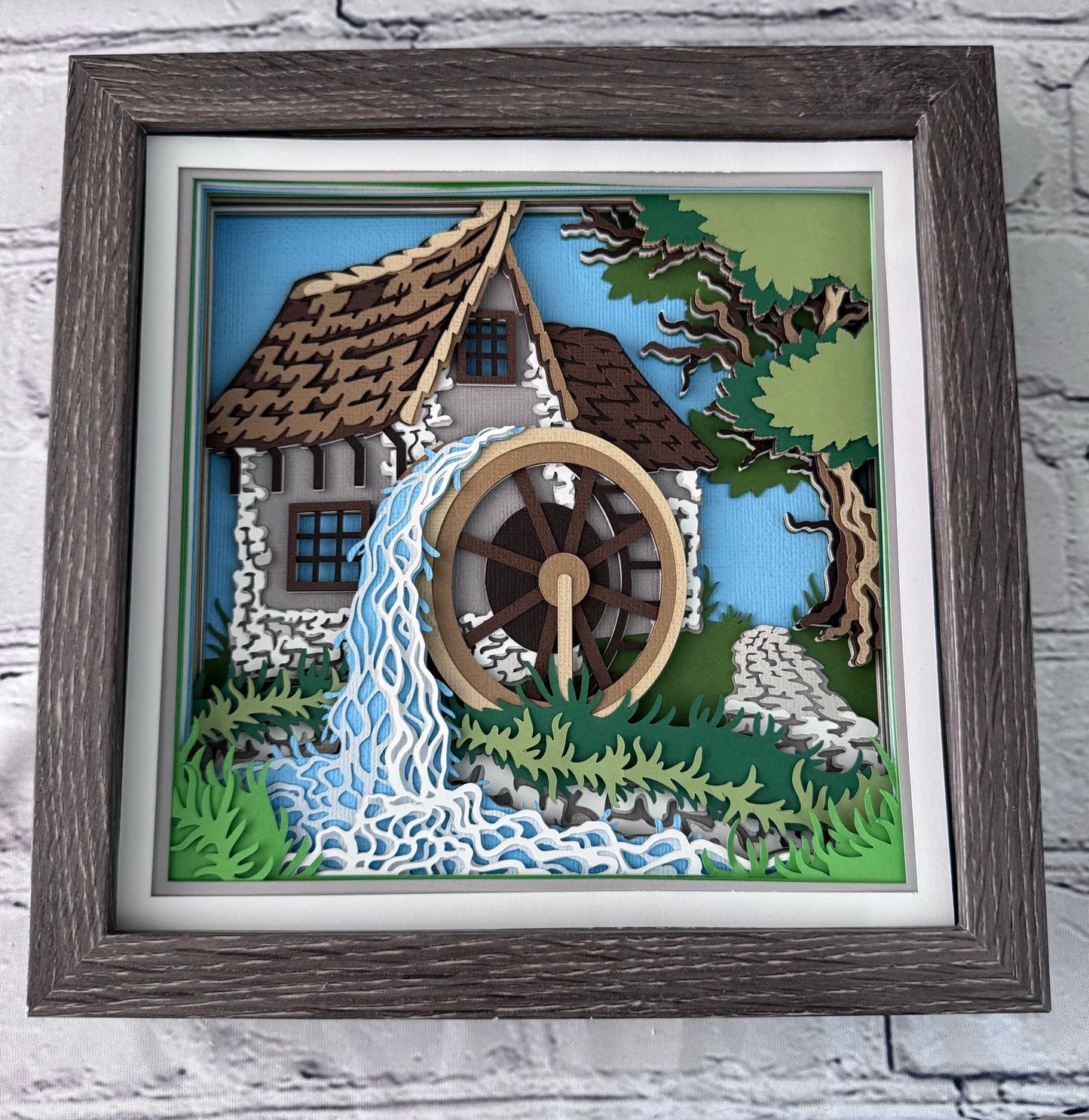 Gristmill with water wheel design 3D paper art in a shadowbox