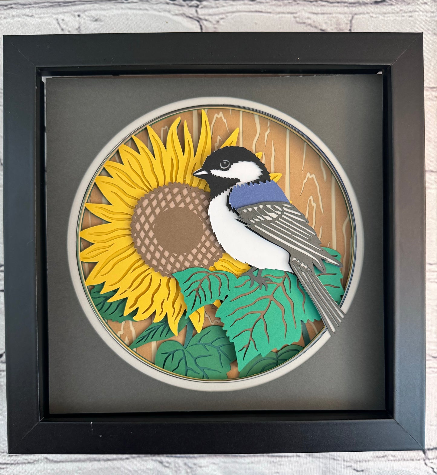 Chickadee on a sunflower 3D paper art in a shadowbox