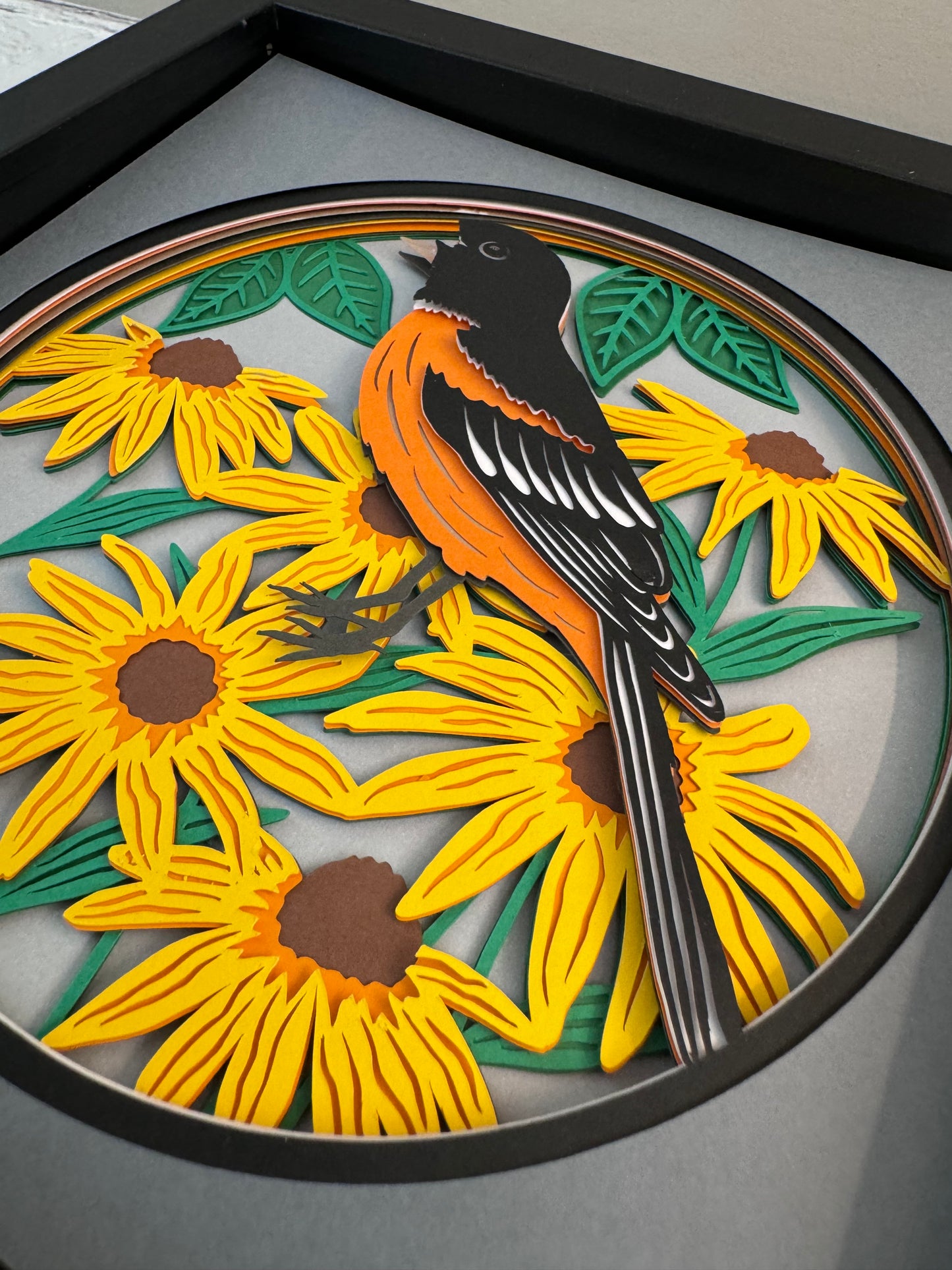 Baltimore oriole Maryland state bird 3D paper art in a shadowbox