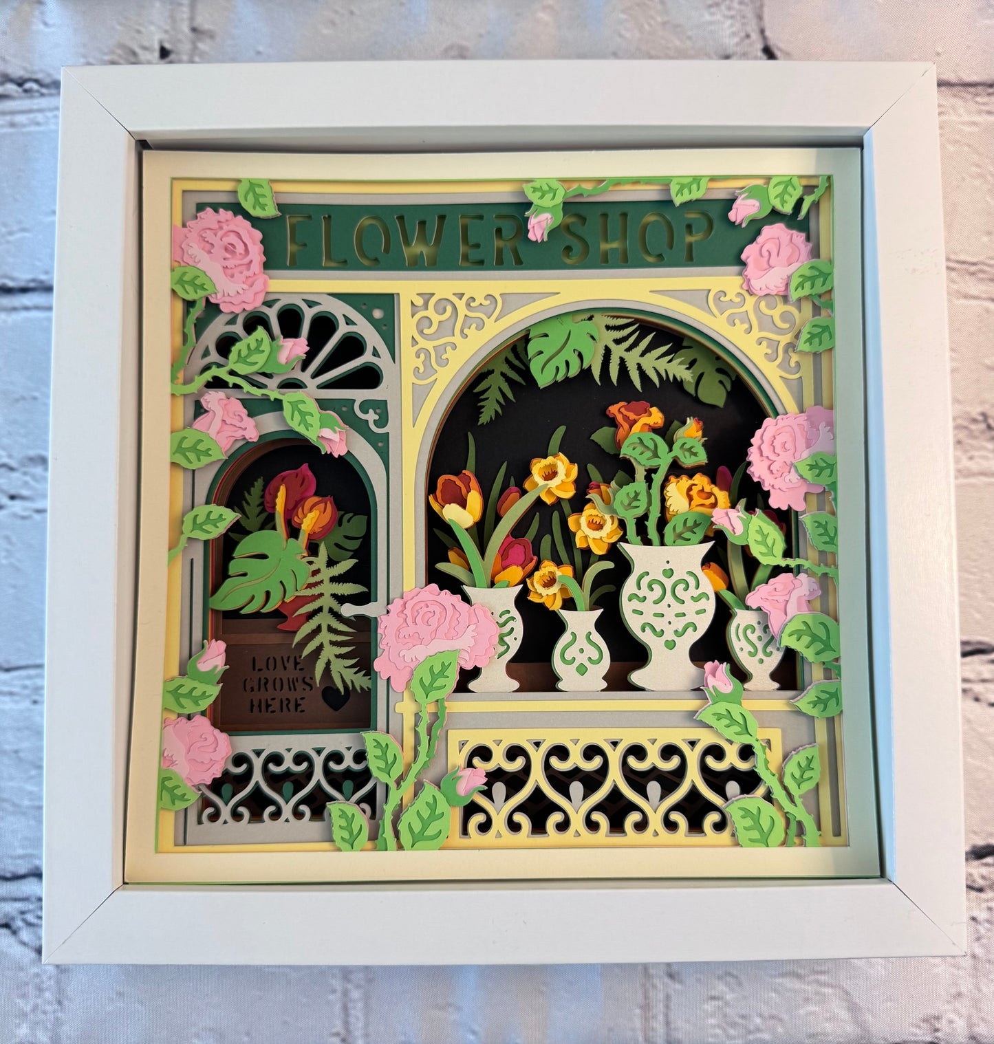 Flower shop 3D paper art in a shadowbox