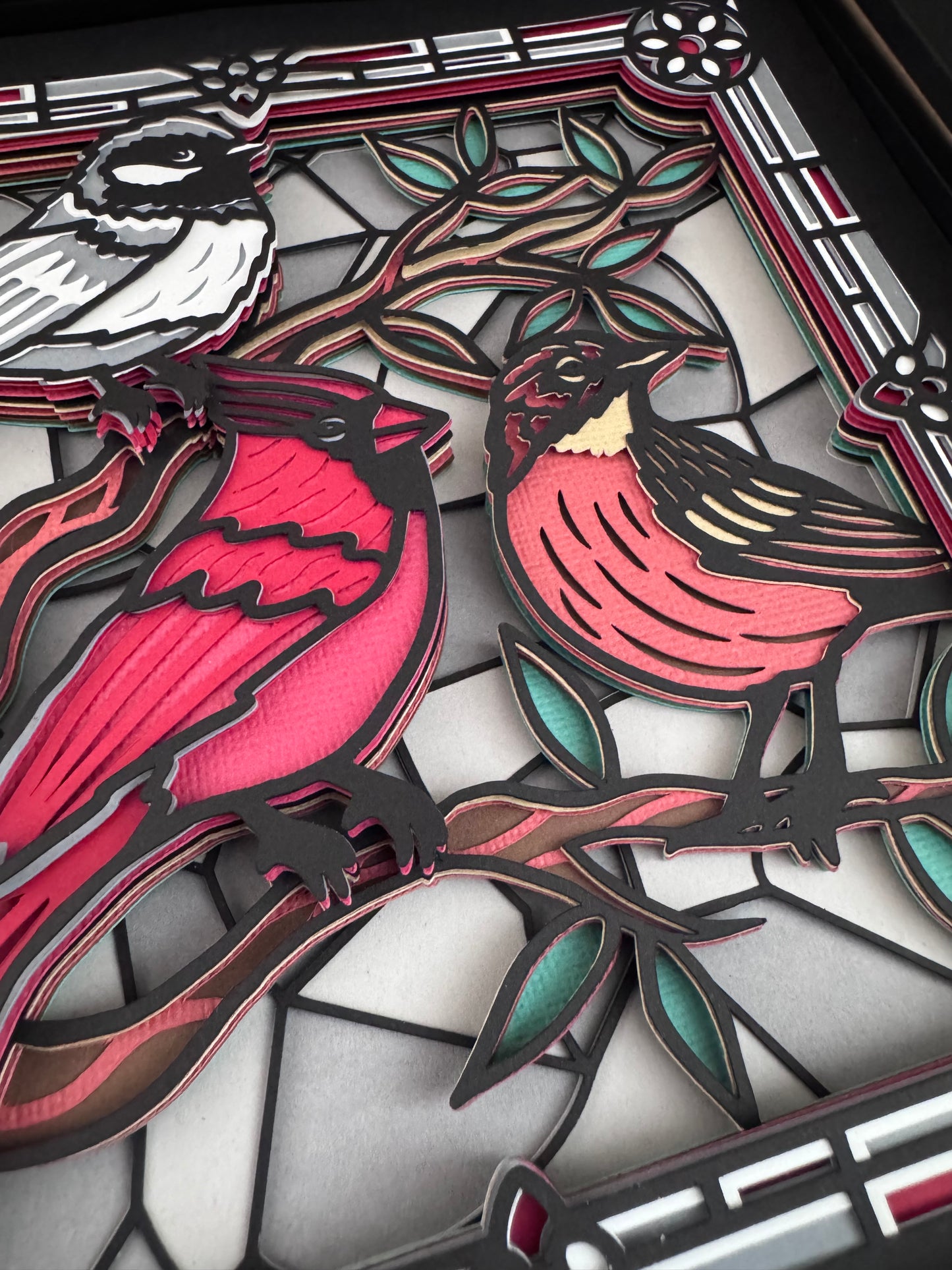 Stained glass redbird and flowers 3D paper art in a shadowbox