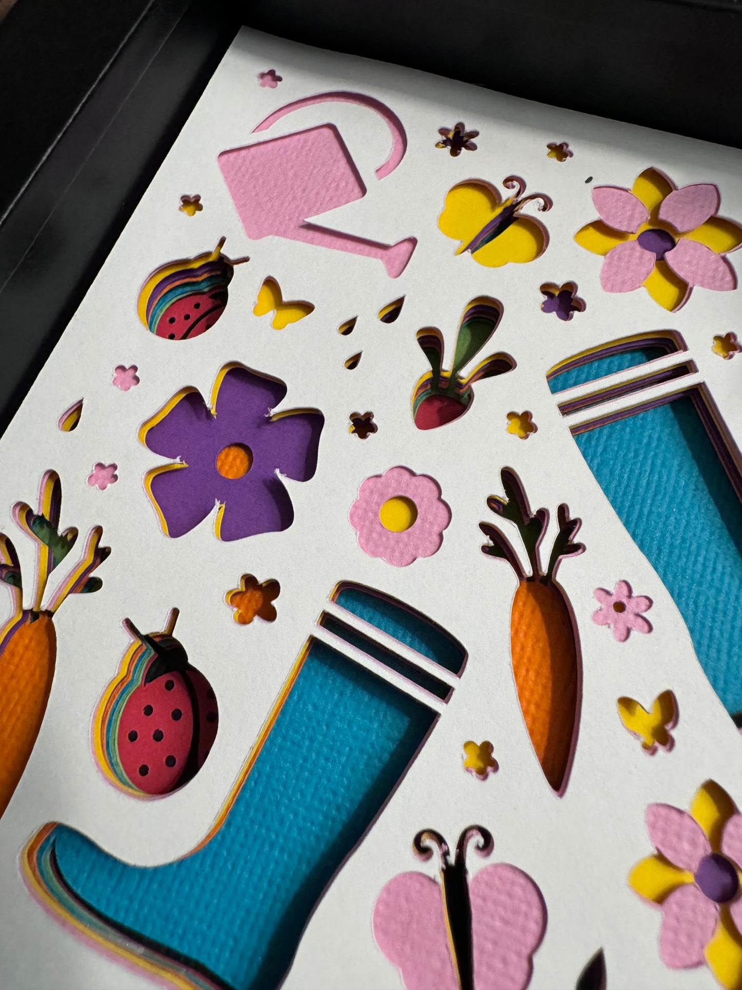 Gardening playful collage scene mini 3D paper art in a shadowbox