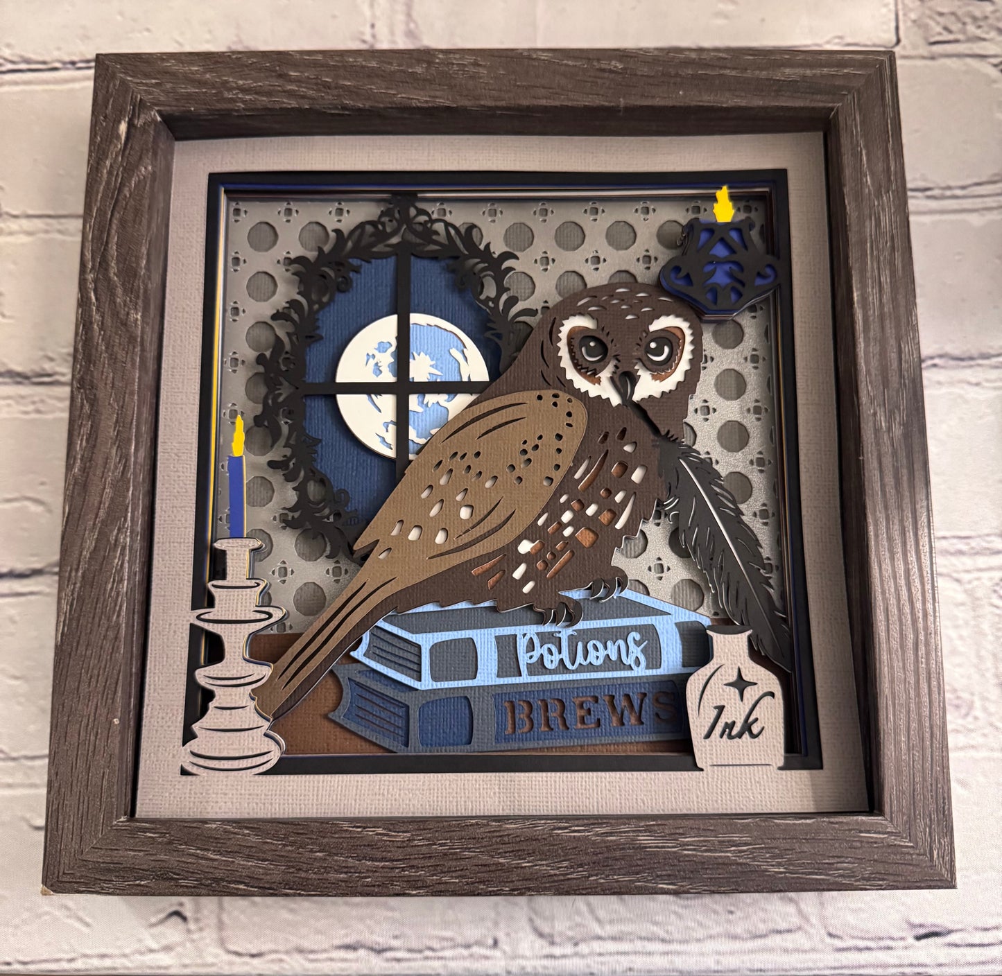 Owl with potions and brew books 3D paper art in a shadowbox