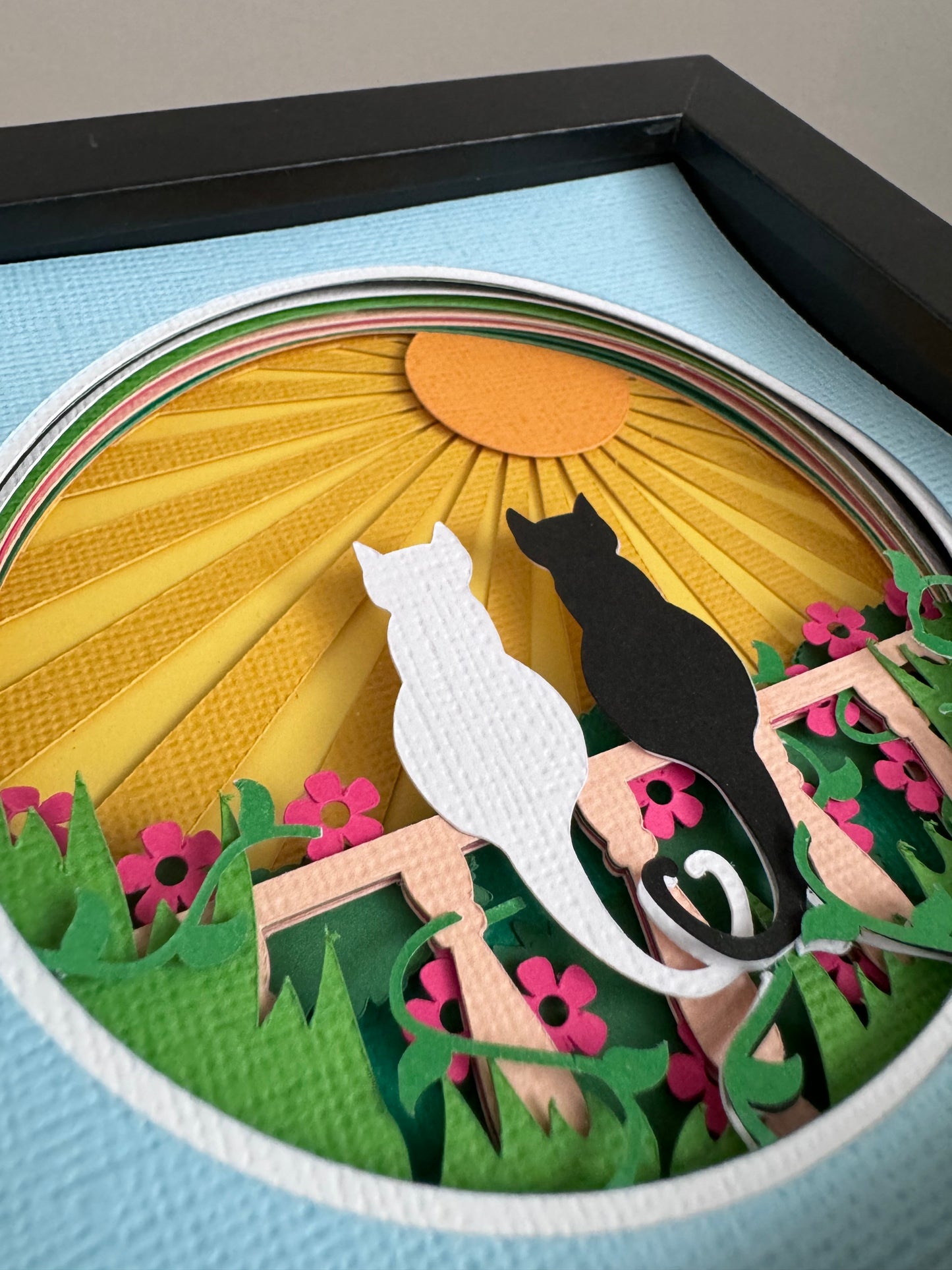 Two cats on fence with heart tails 3D paper art in a shadowbox