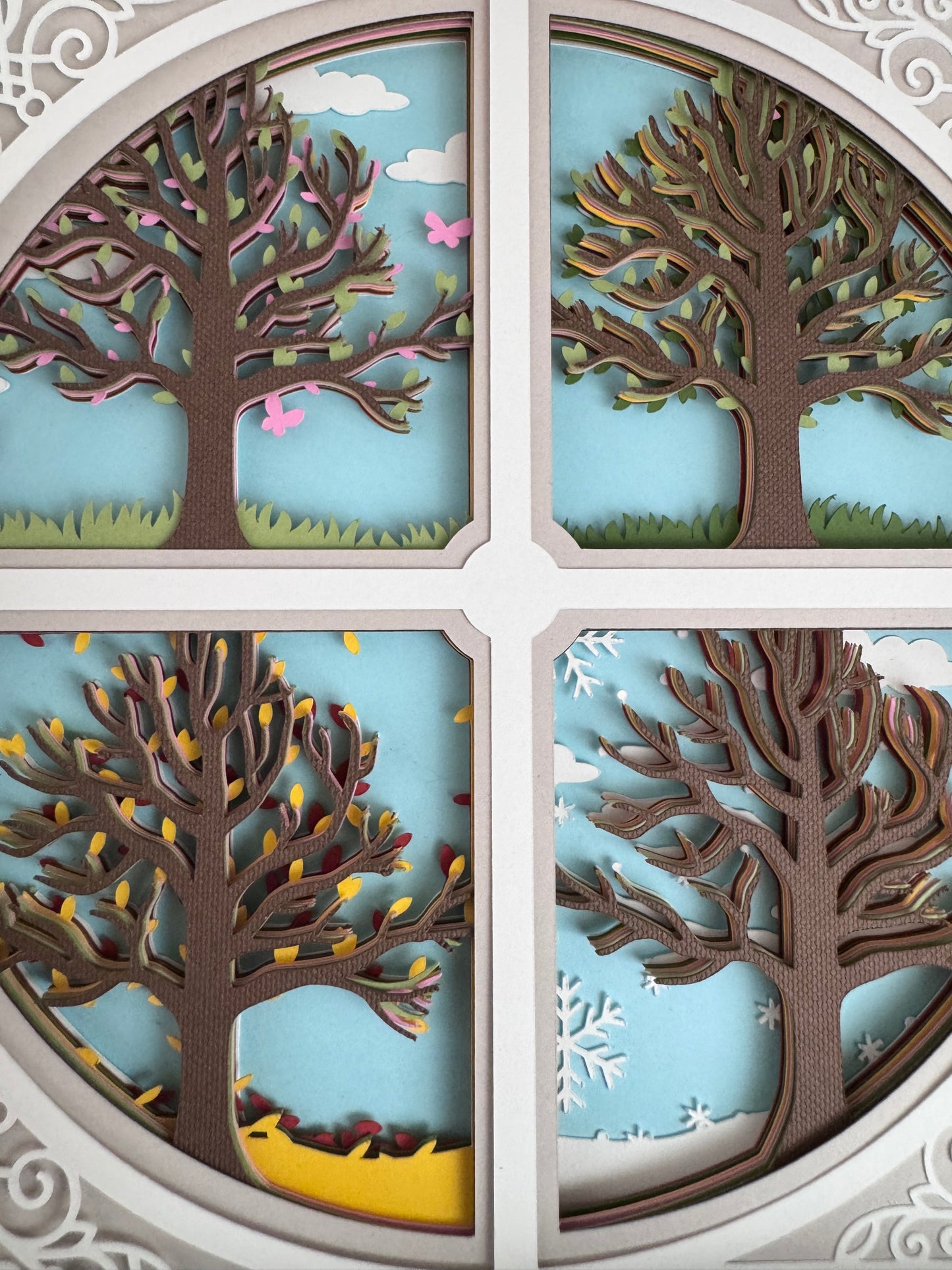 Intricate frame four seasons trees 3D paper art in a shadowbox