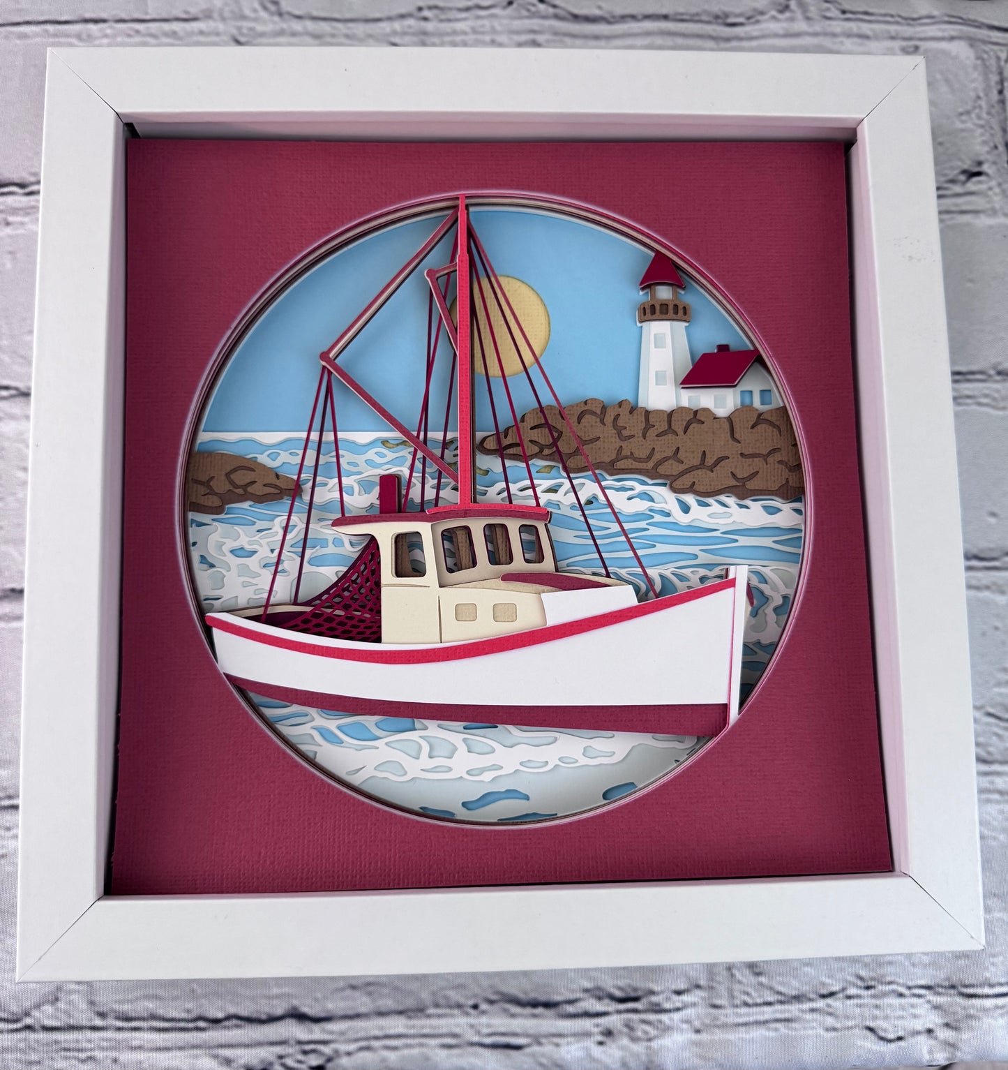 Fishing boat 3D paper art in a shadowbox