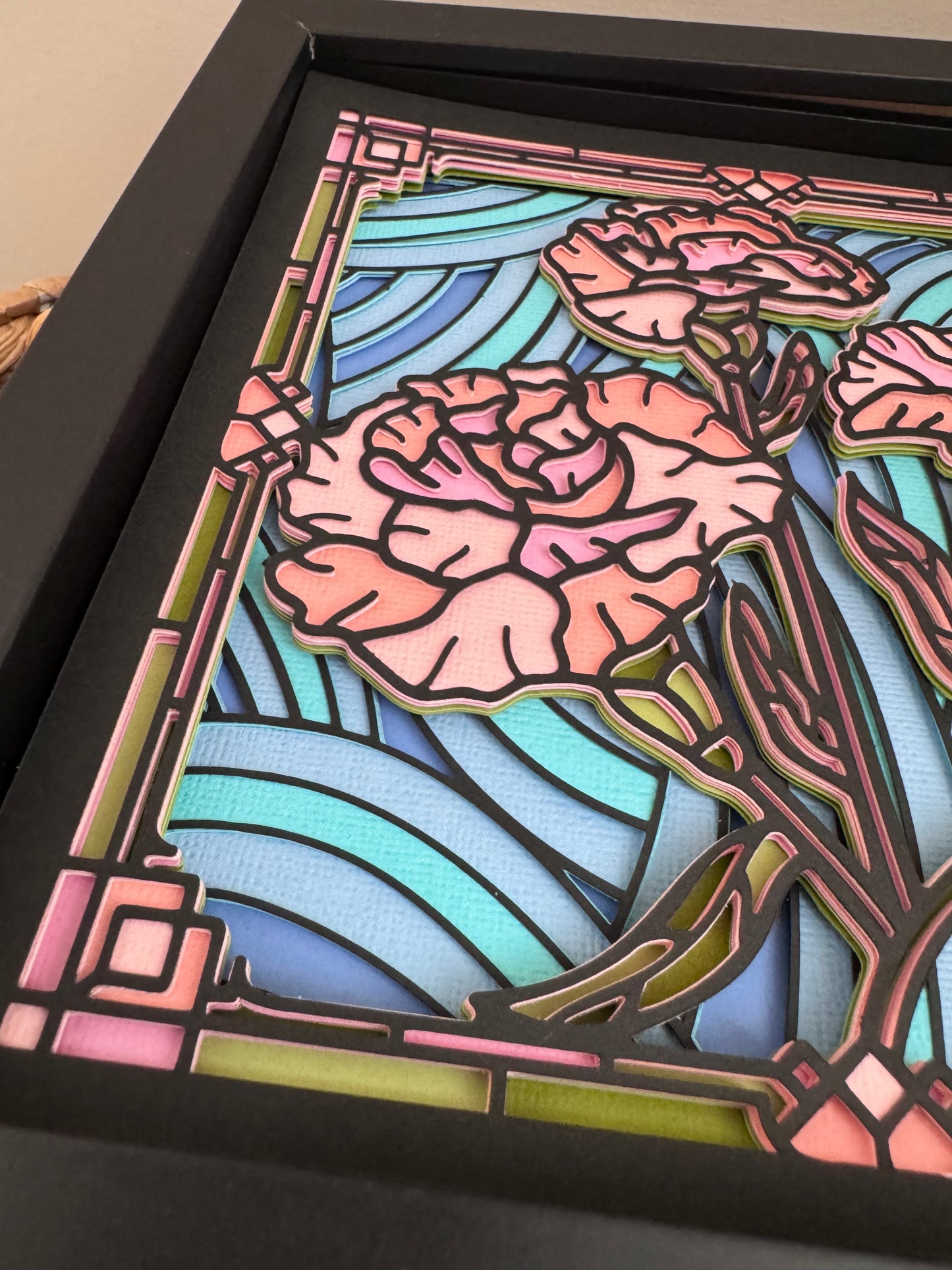 Stained glass pink carnations 3D paper art in a shadowbox