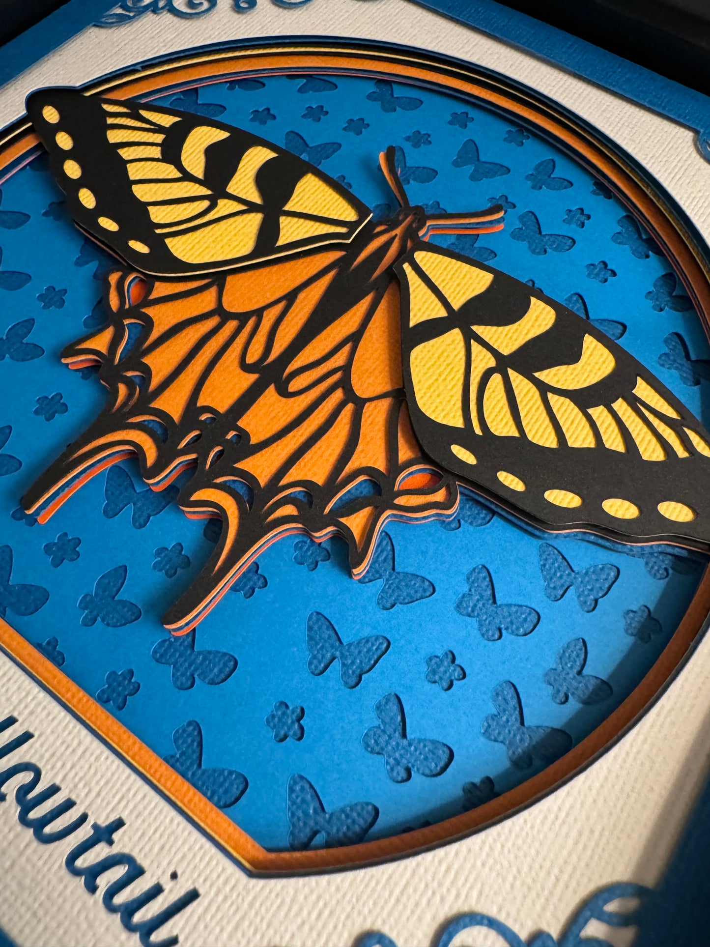 Intricate frame tiger swallowtail butterfly 3D paper art in a shadowbox