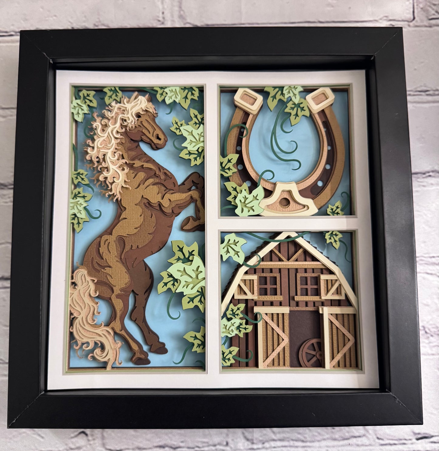 Horse with barn and horseshoe 3D paper art in a shadowbox