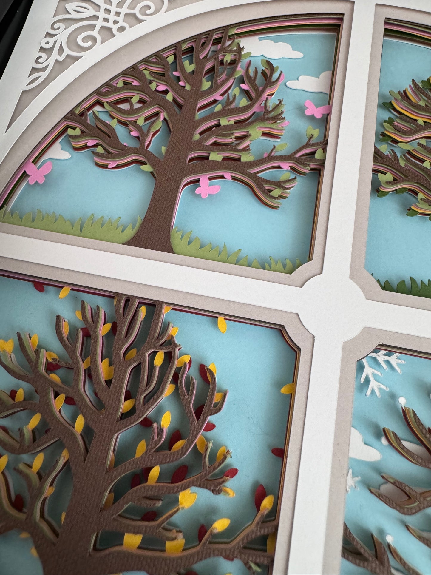 Intricate frame four seasons trees 3D paper art in a shadowbox