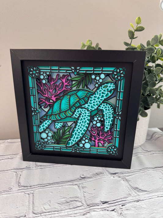 Stained glass sea turtle 3D paper art in a shadowbox