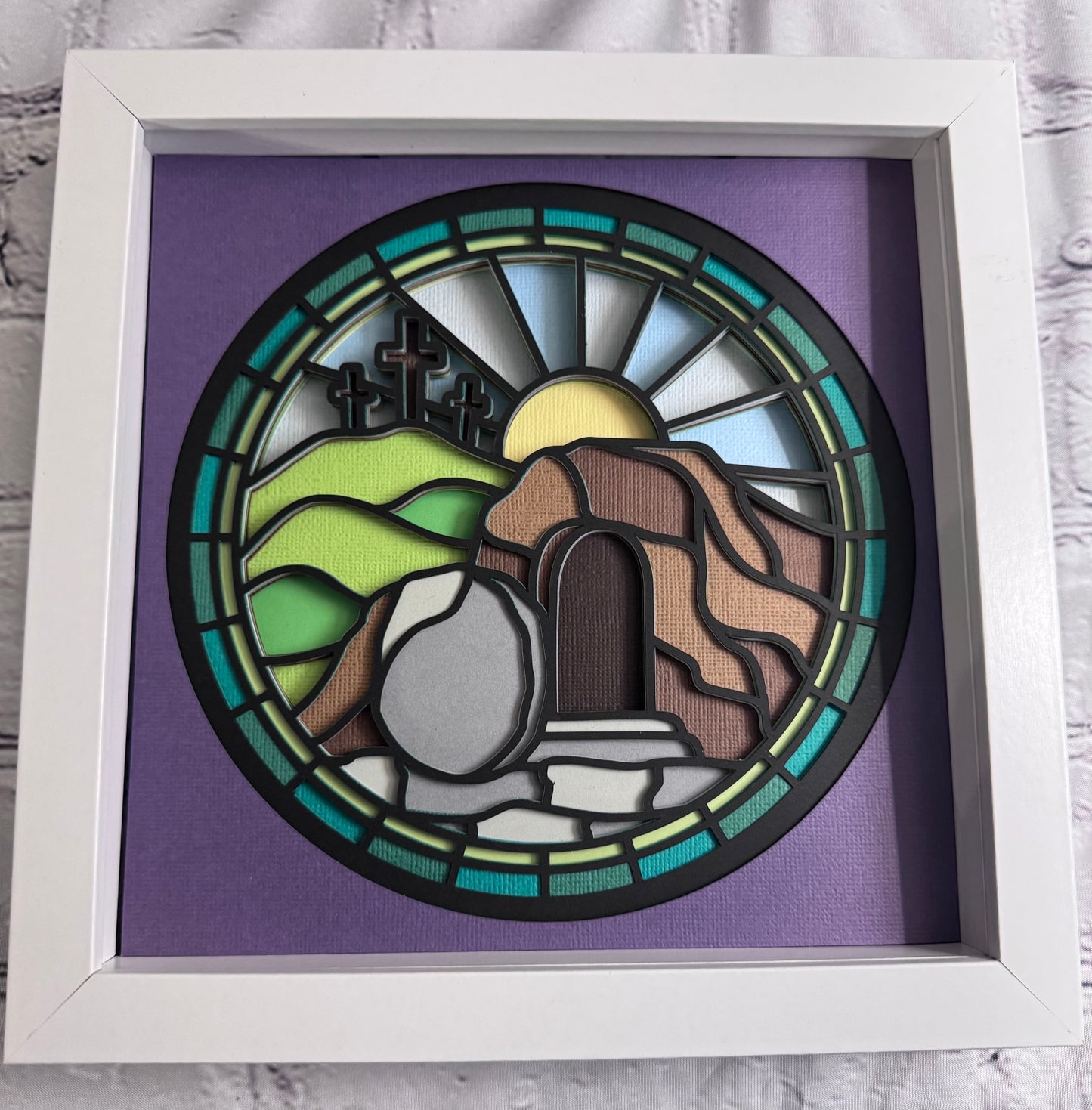 Stained glass empty tomb 3D paper art in a shadowbox