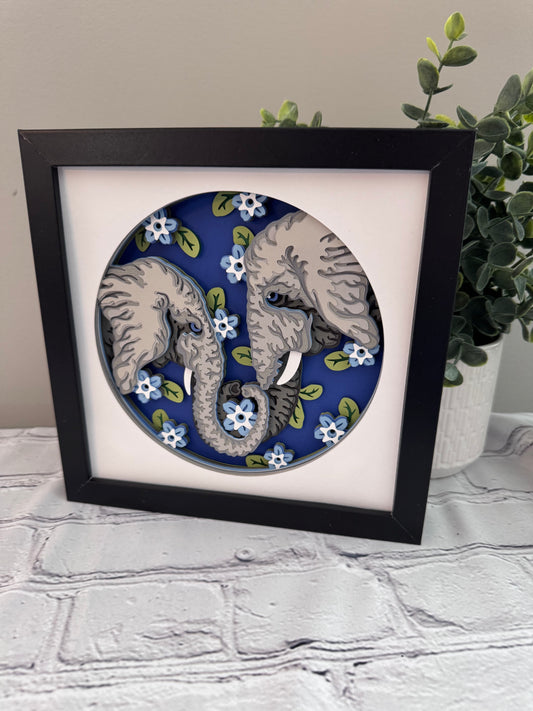 Elephant pair 3D paper art in a shadowbox