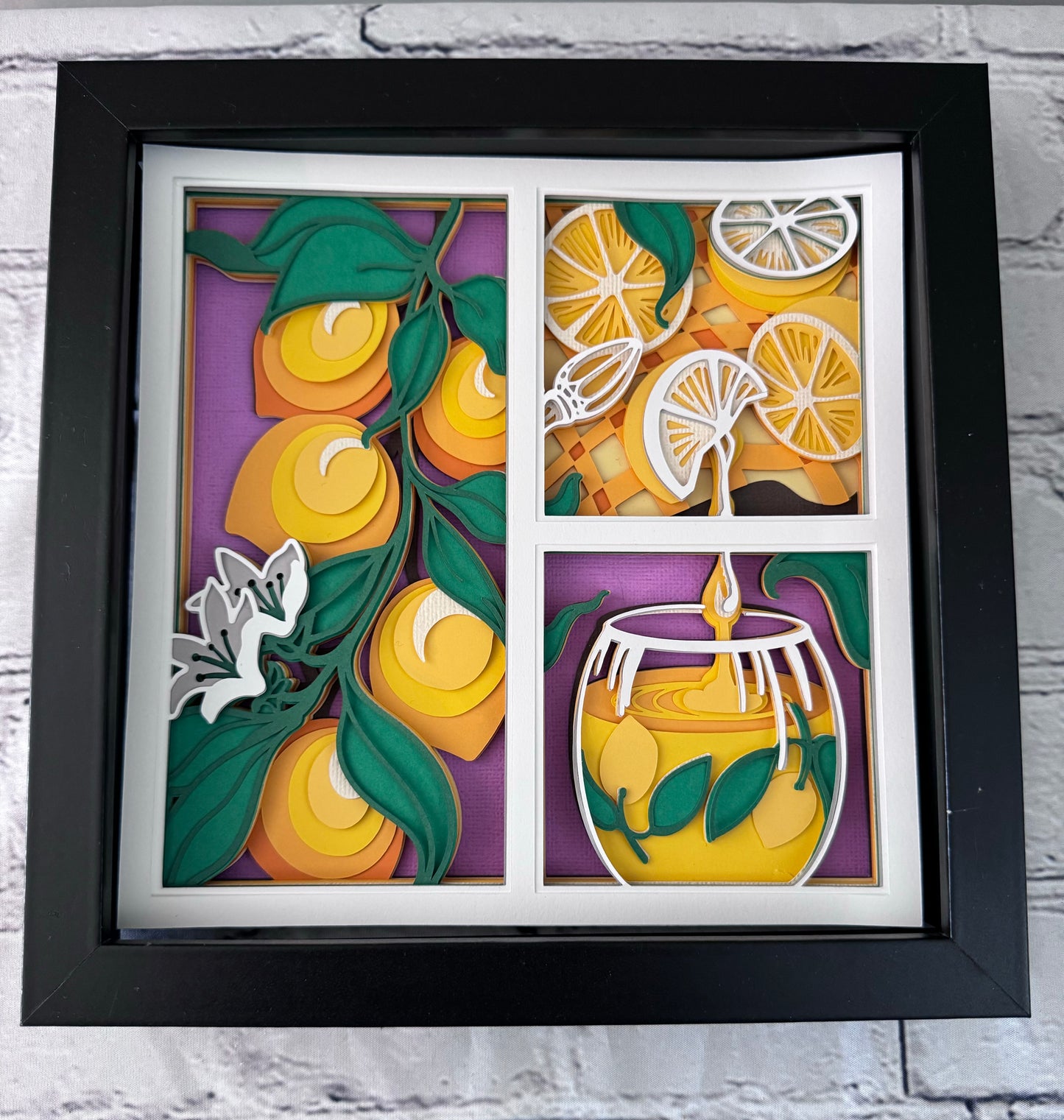Lemon three panel design 3D paper art in a shadowbox