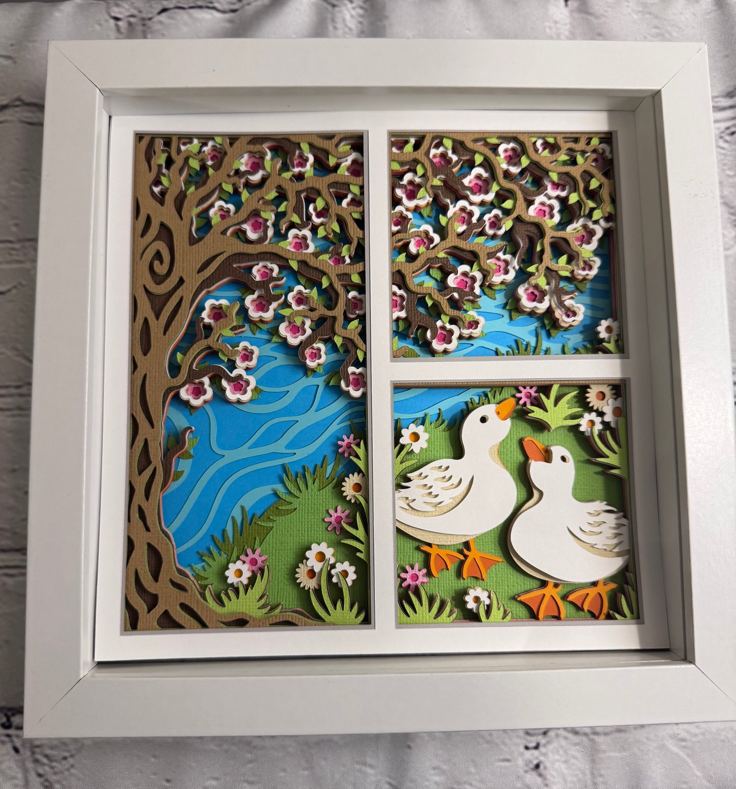 Spring ducks with flowering tree 3D paper art in a shadowbox