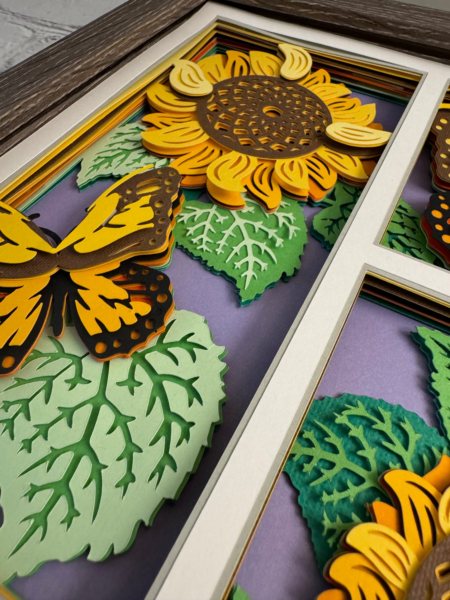 Butterfly 3 panel scene monarch butterfly with sunflowers 3D paper art in a shadowbox