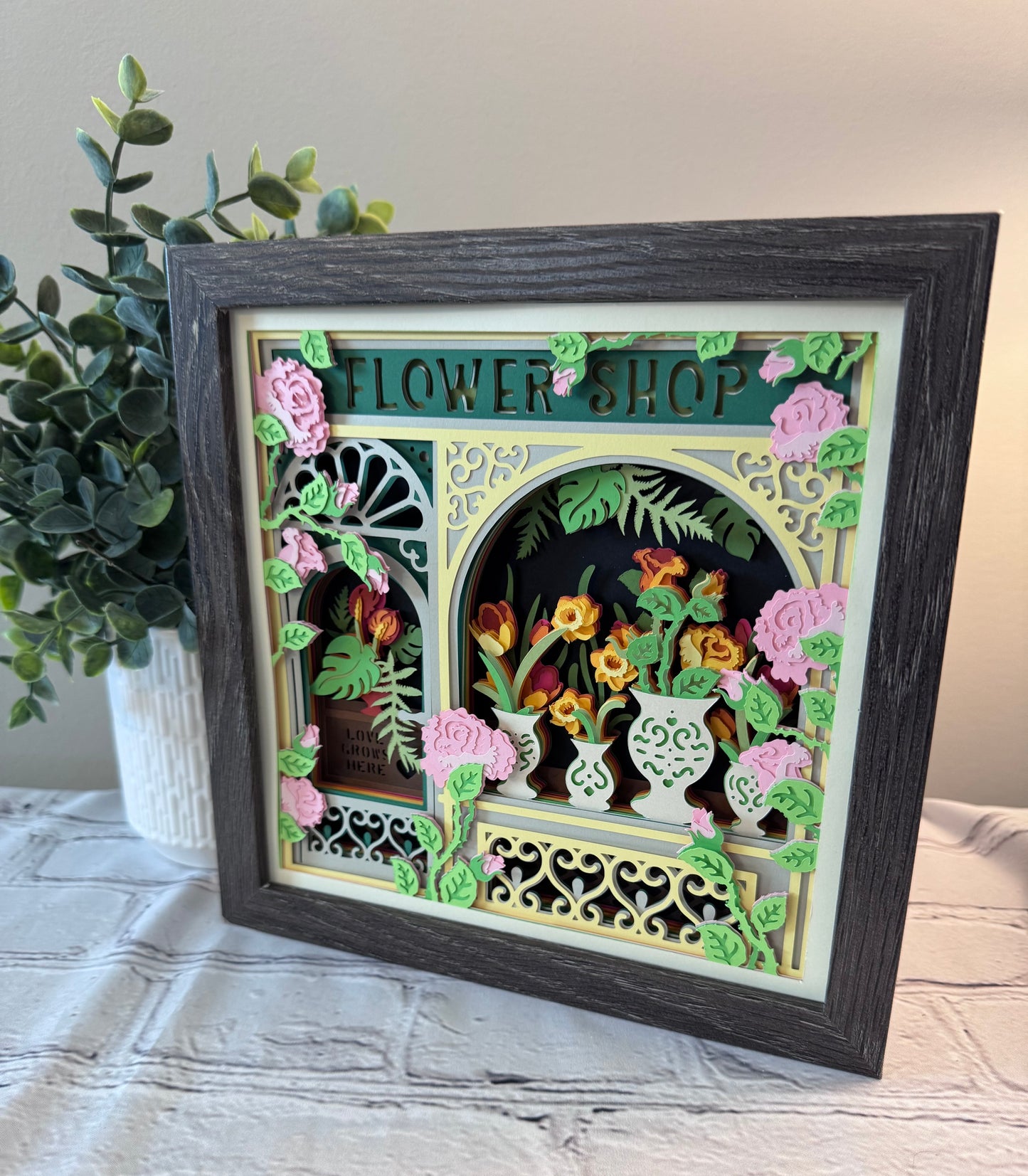 Flower shop 3D paper art in a shadowbox