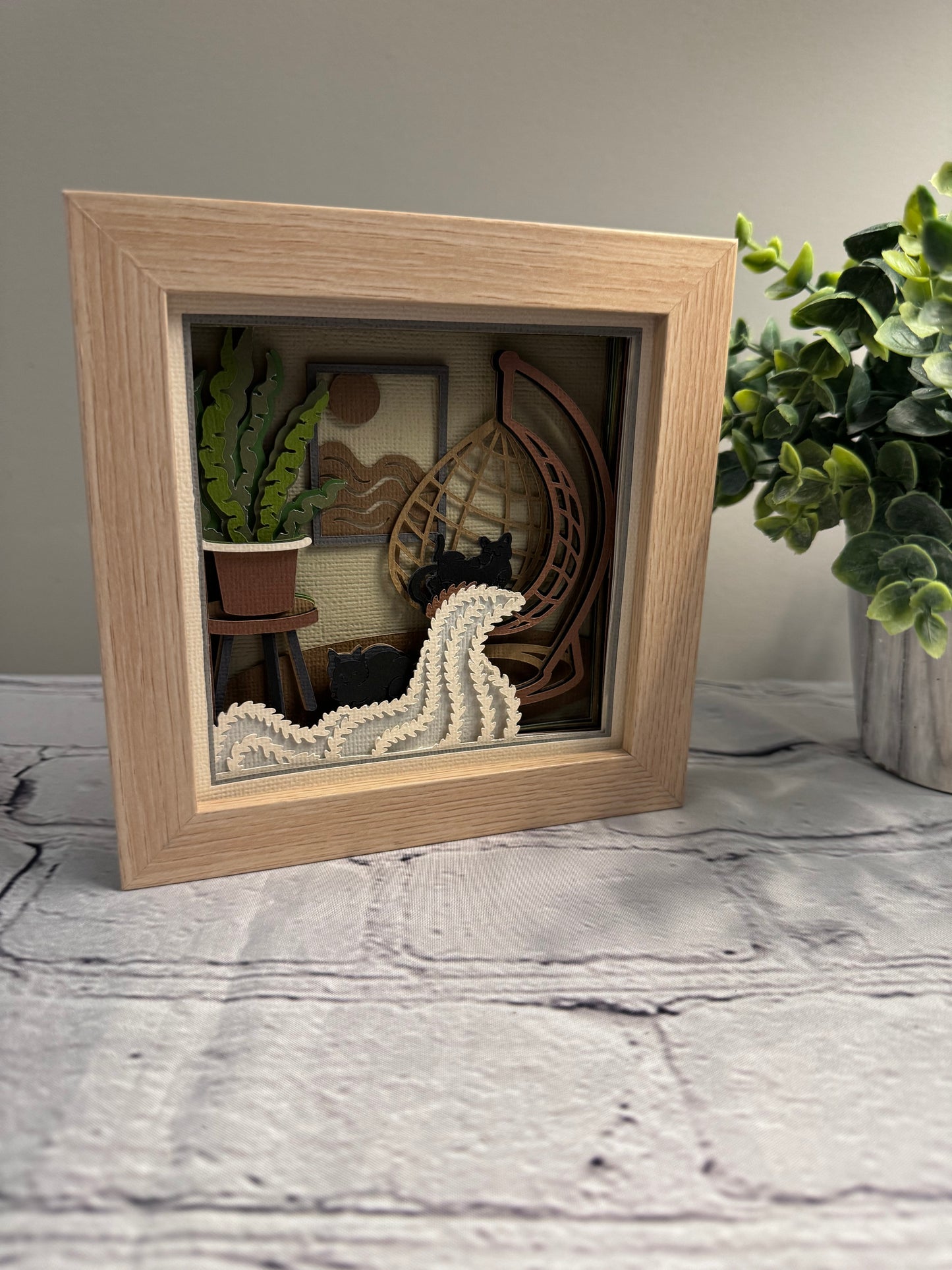 Boho cats with afghan and chair mini 3D paper art in a shadowbox