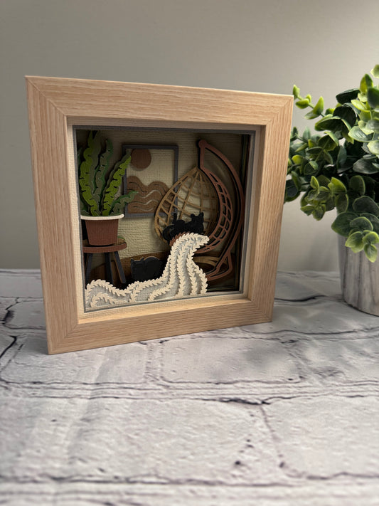 Boho cats with afghan and chair mini 3D paper art in a shadowbox