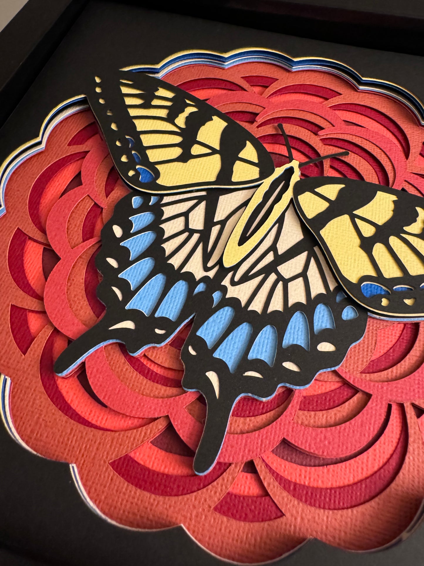 Red flower with blue and yellow butterfly 3D paper art in a shadowbox
