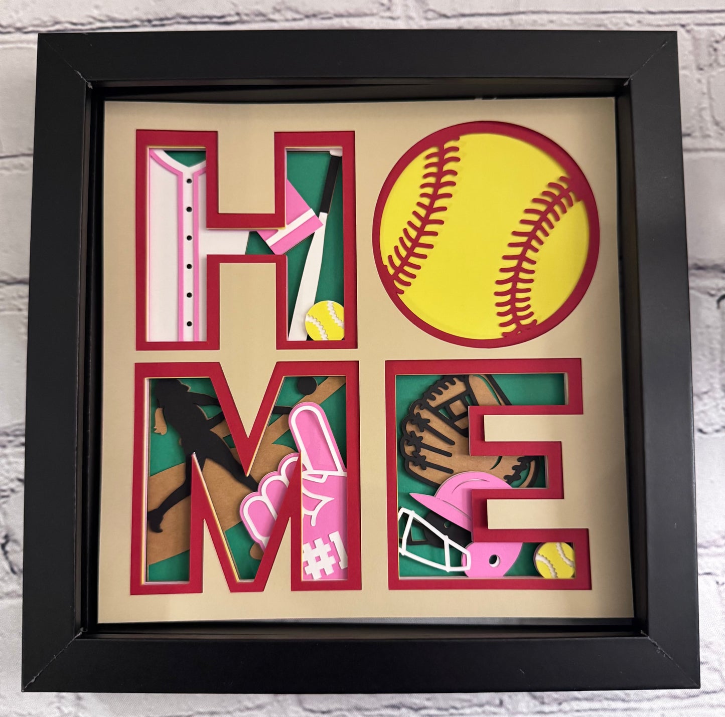 Home- Softball 3D paper art in a shadowbox