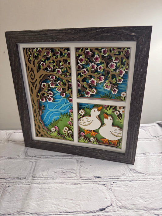 Spring ducks with flowering tree 3D paper art in a shadowbox