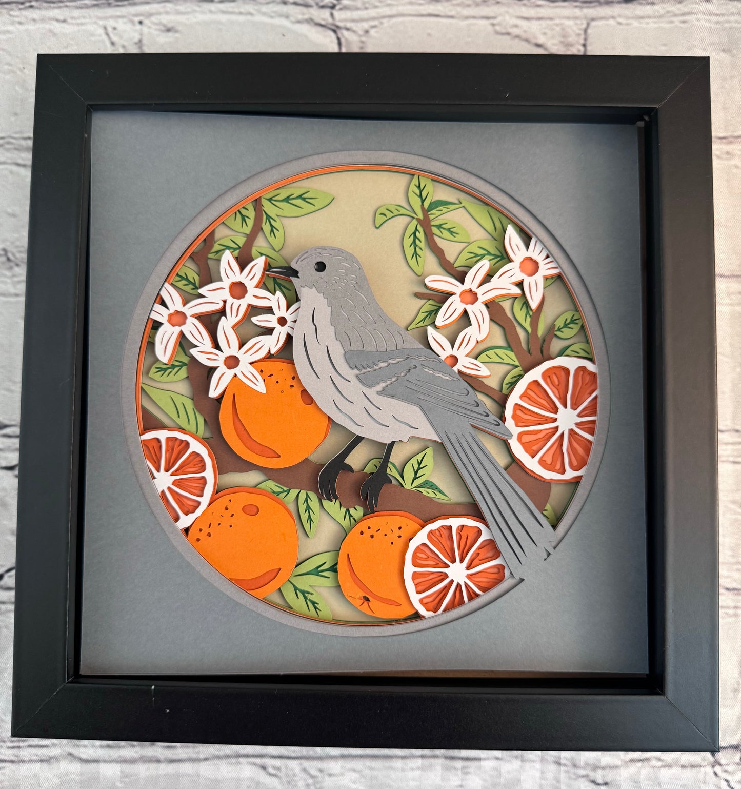 Mockingbird with oranges, Florida state bird 3D paper art in a shadowbox