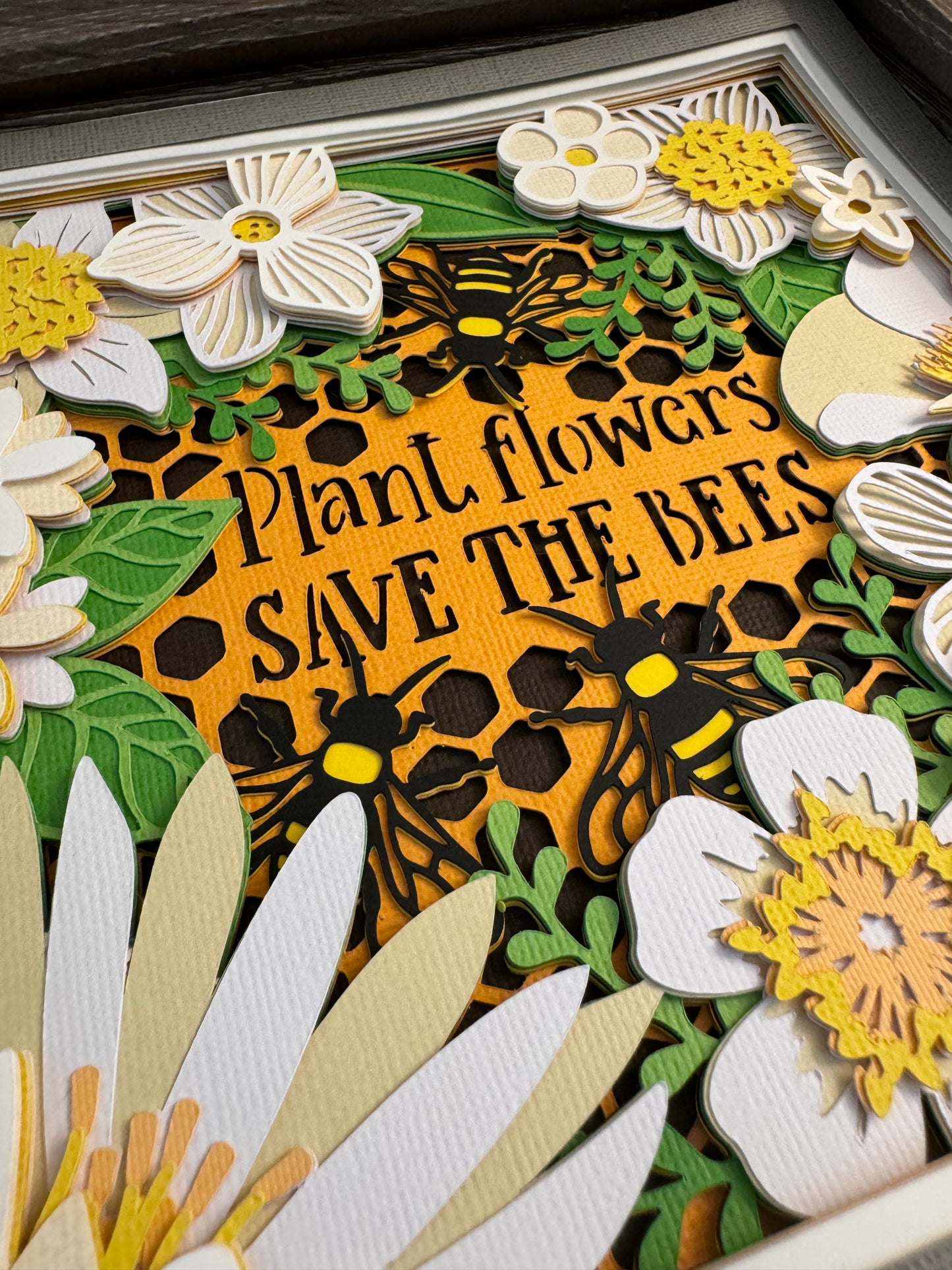 Plant flowers save the bees 3D paper art in a shadowbox