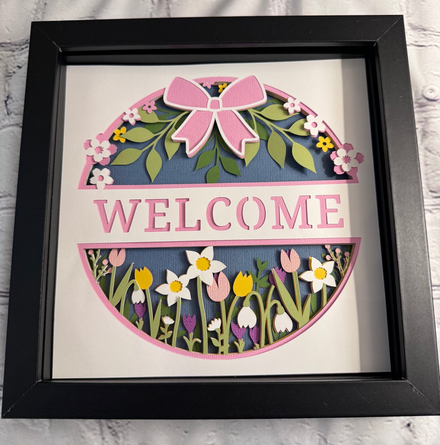 Spring welcome with flowers 3D paper art in a shadowbox