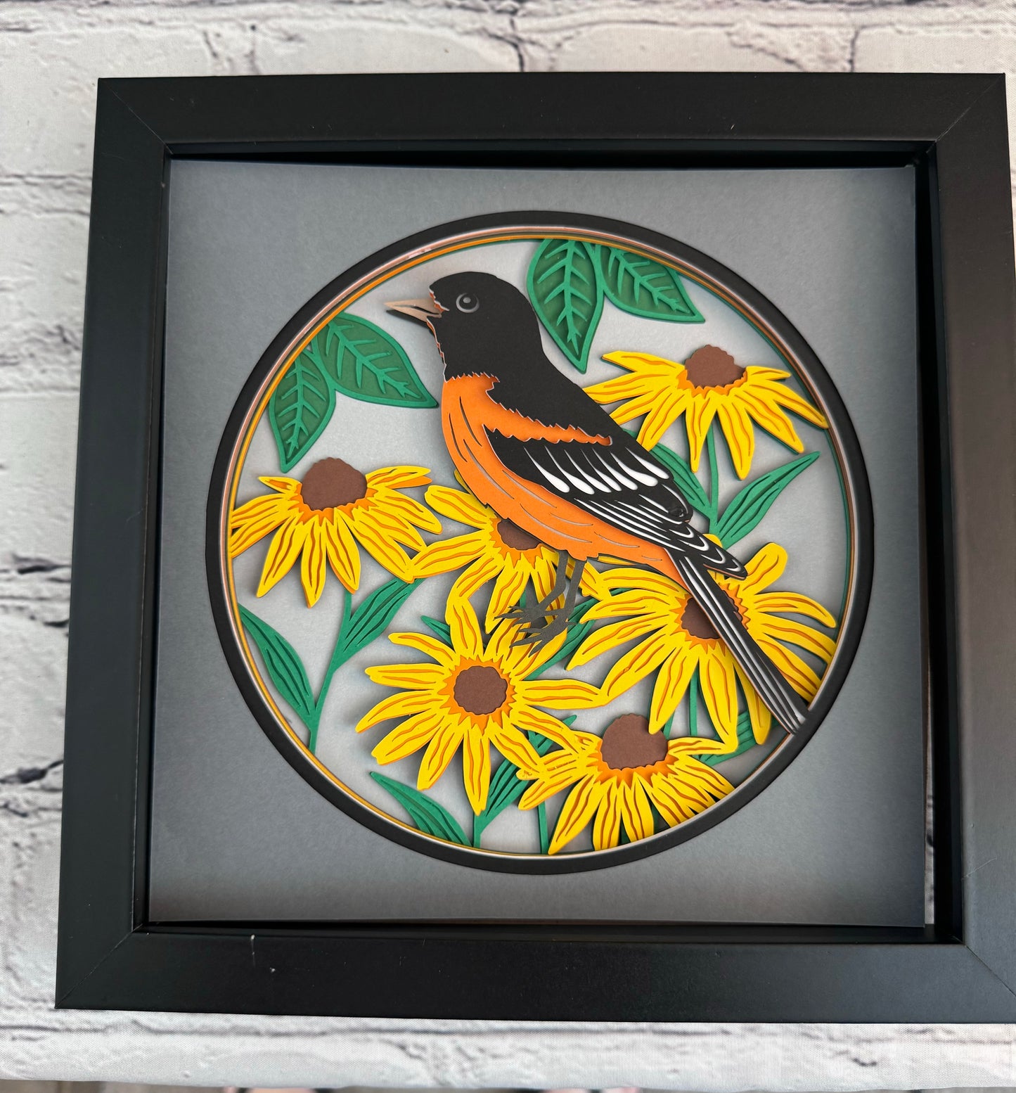 Baltimore oriole Maryland state bird 3D paper art in a shadowbox