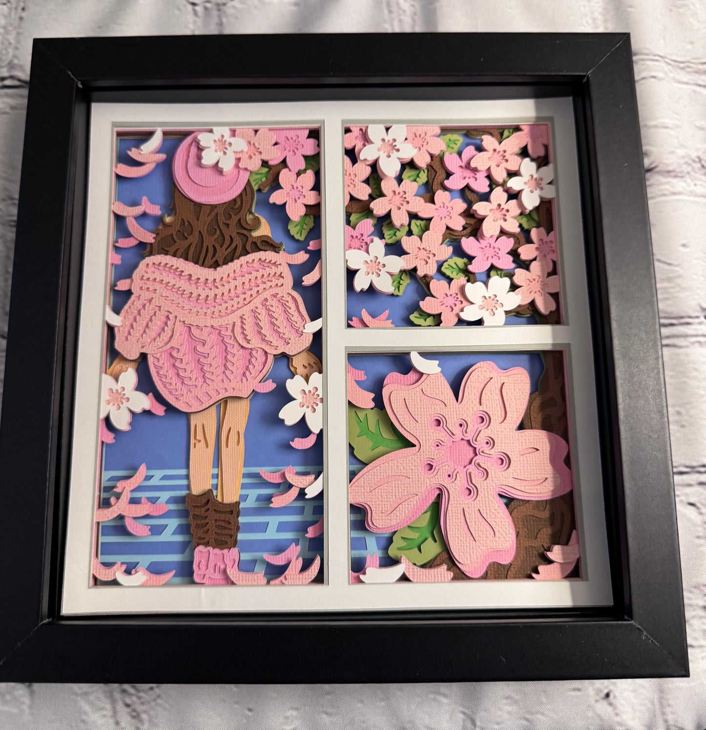 Spring girl with sweater 3D paper art in a shadowbox
