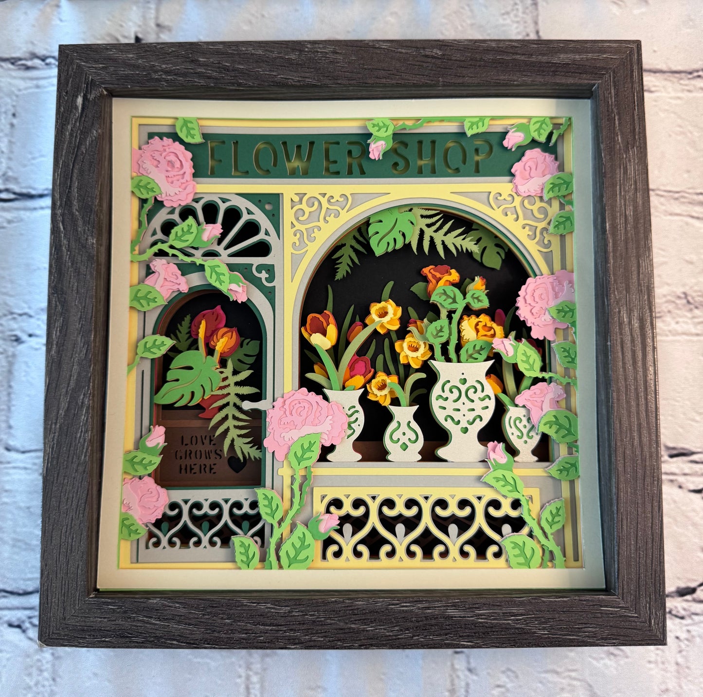 Flower shop 3D paper art in a shadowbox