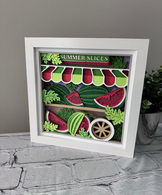 Watermelon cart design 3D paper art in a shadowbox