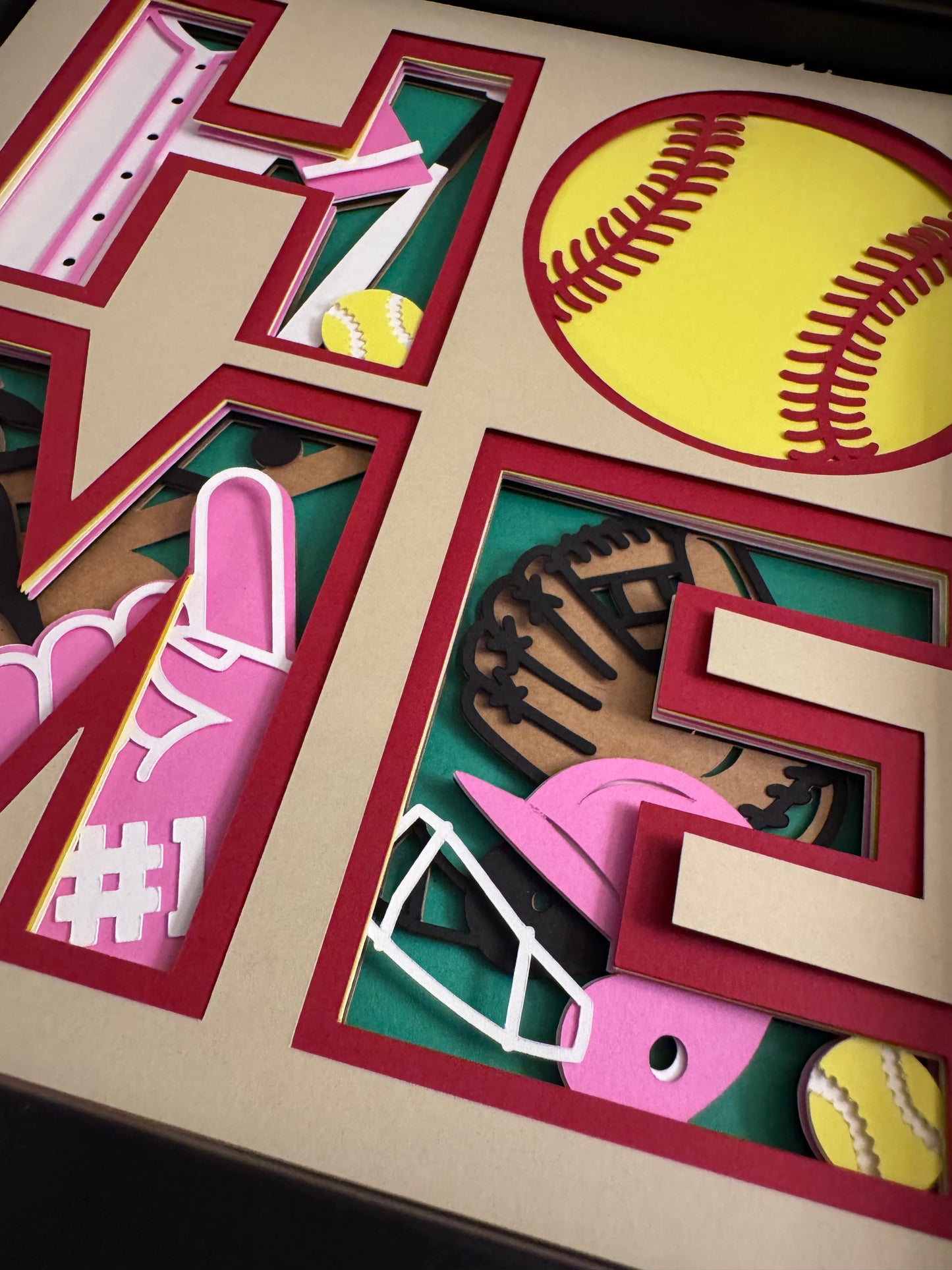 Home- Softball 3D paper art in a shadowbox