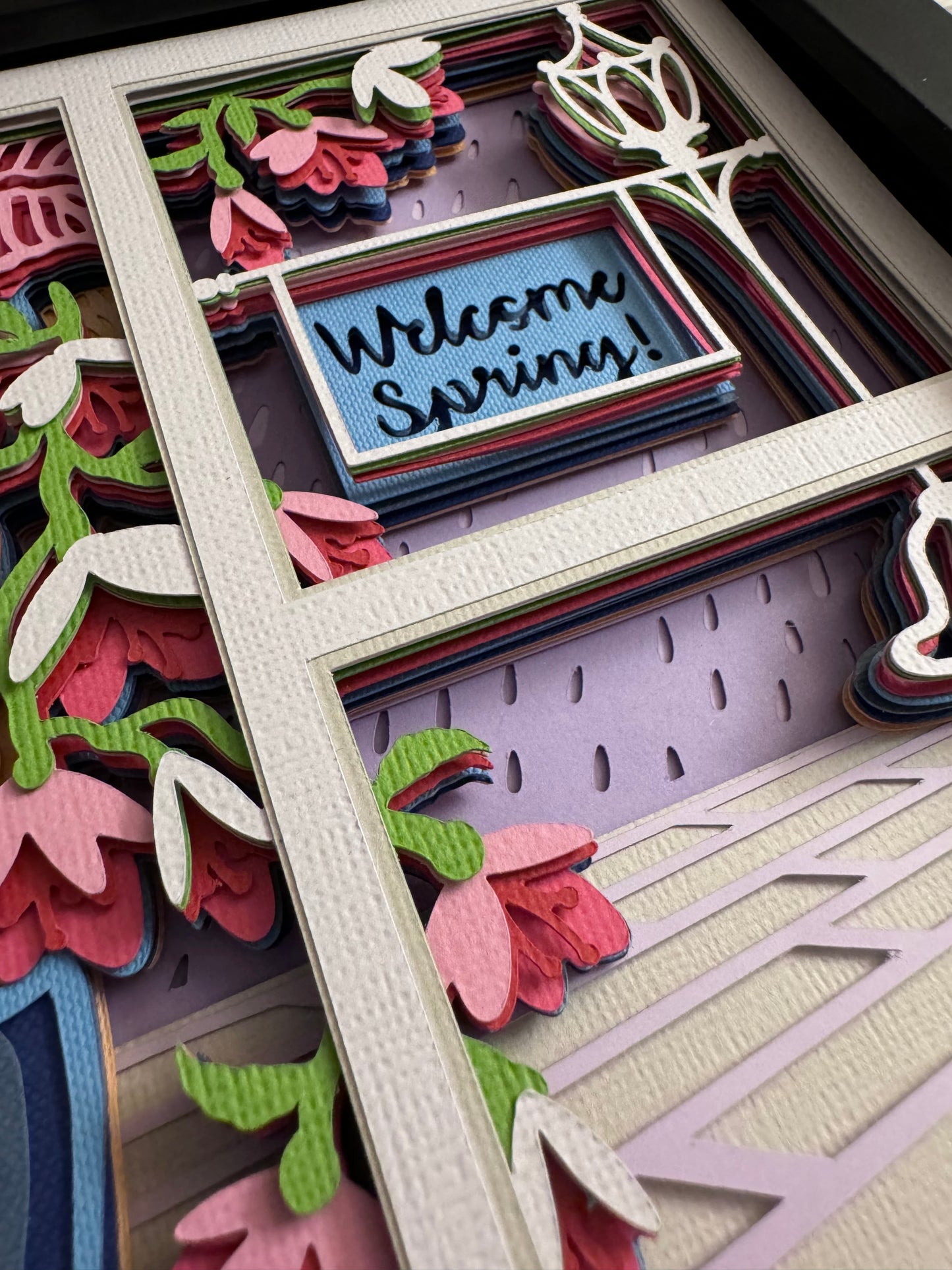 Spring girl with umbrella 3D paper art in a shadowbox