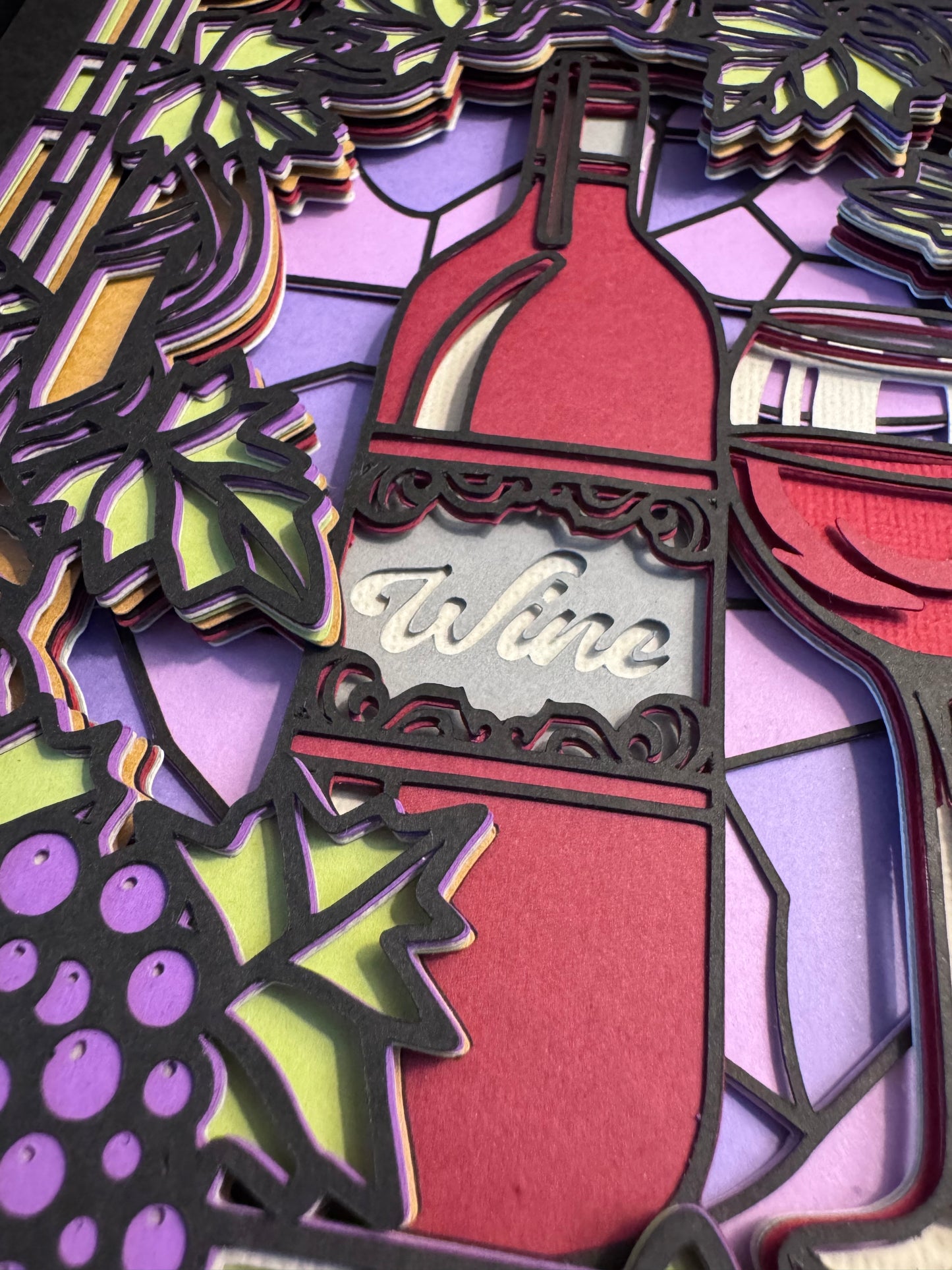 Stained glass wine 3D paper art in a shadowbox