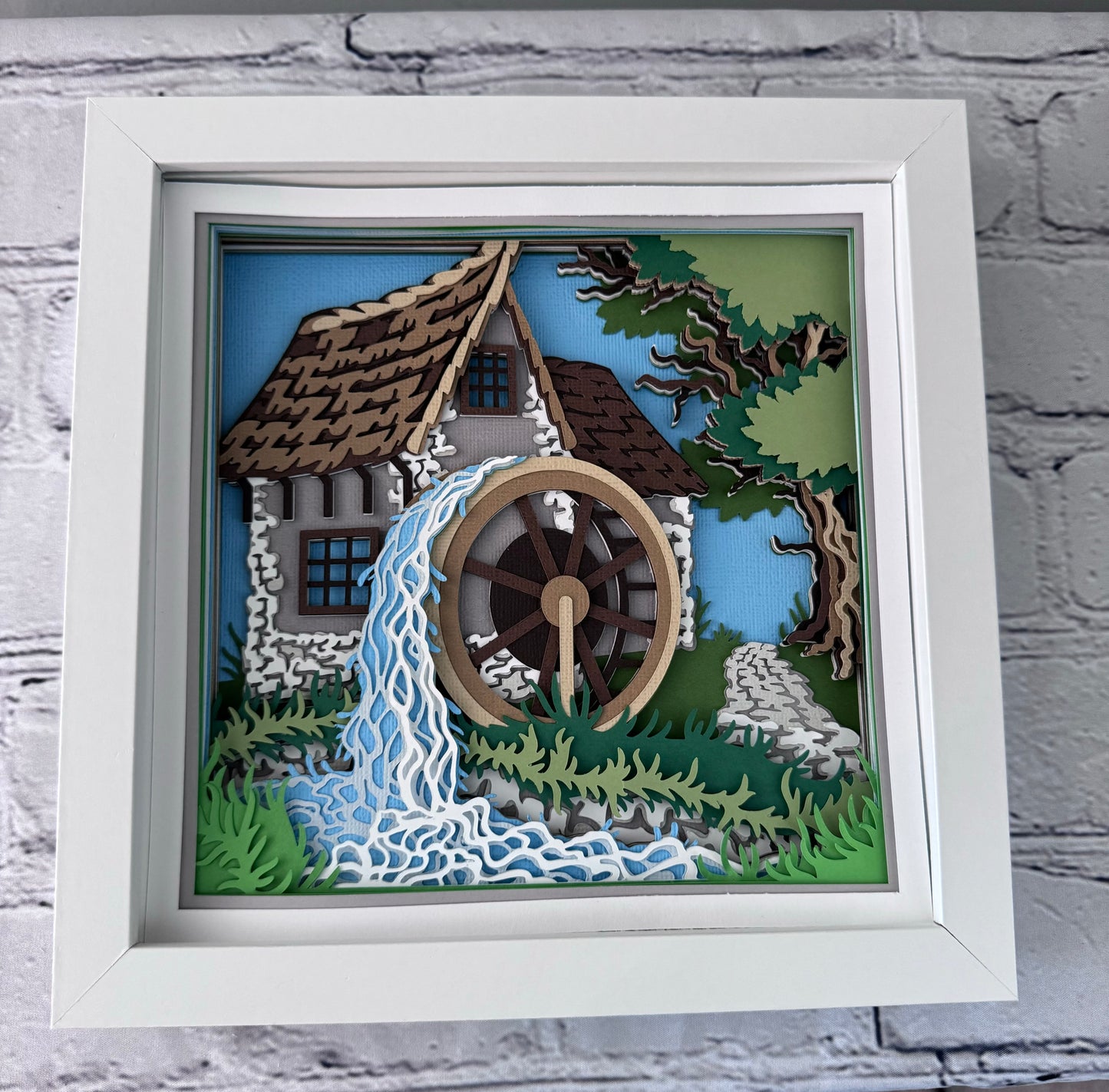 Gristmill with water wheel design 3D paper art in a shadowbox