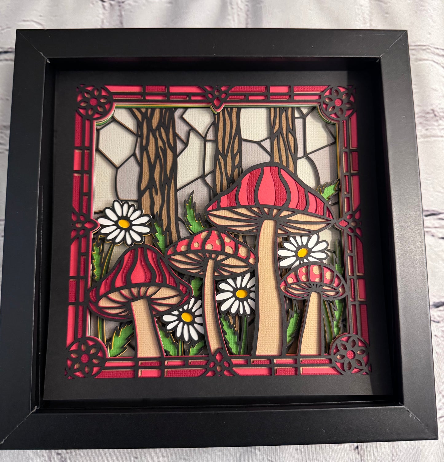 Stained glass mushroom forest 3D paper art in a shadowbox