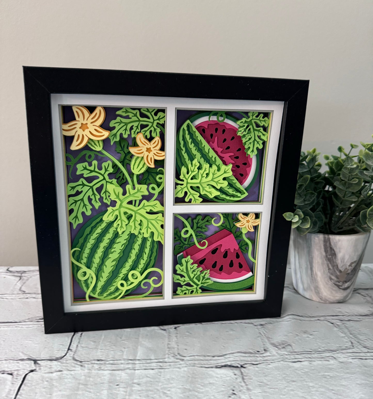 Watermelon three panel design 3D paper art in a shadowbox
