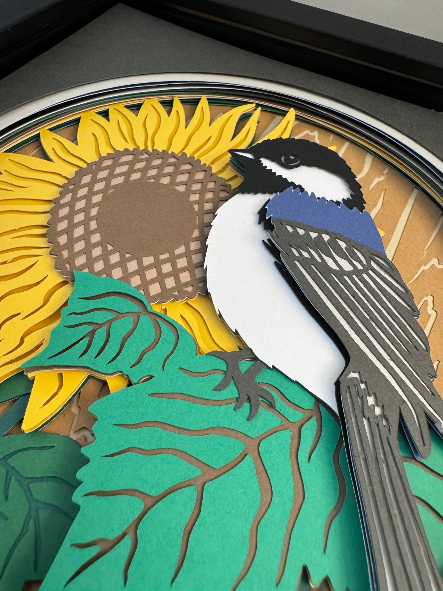 Chickadee on a sunflower 3D paper art in a shadowbox