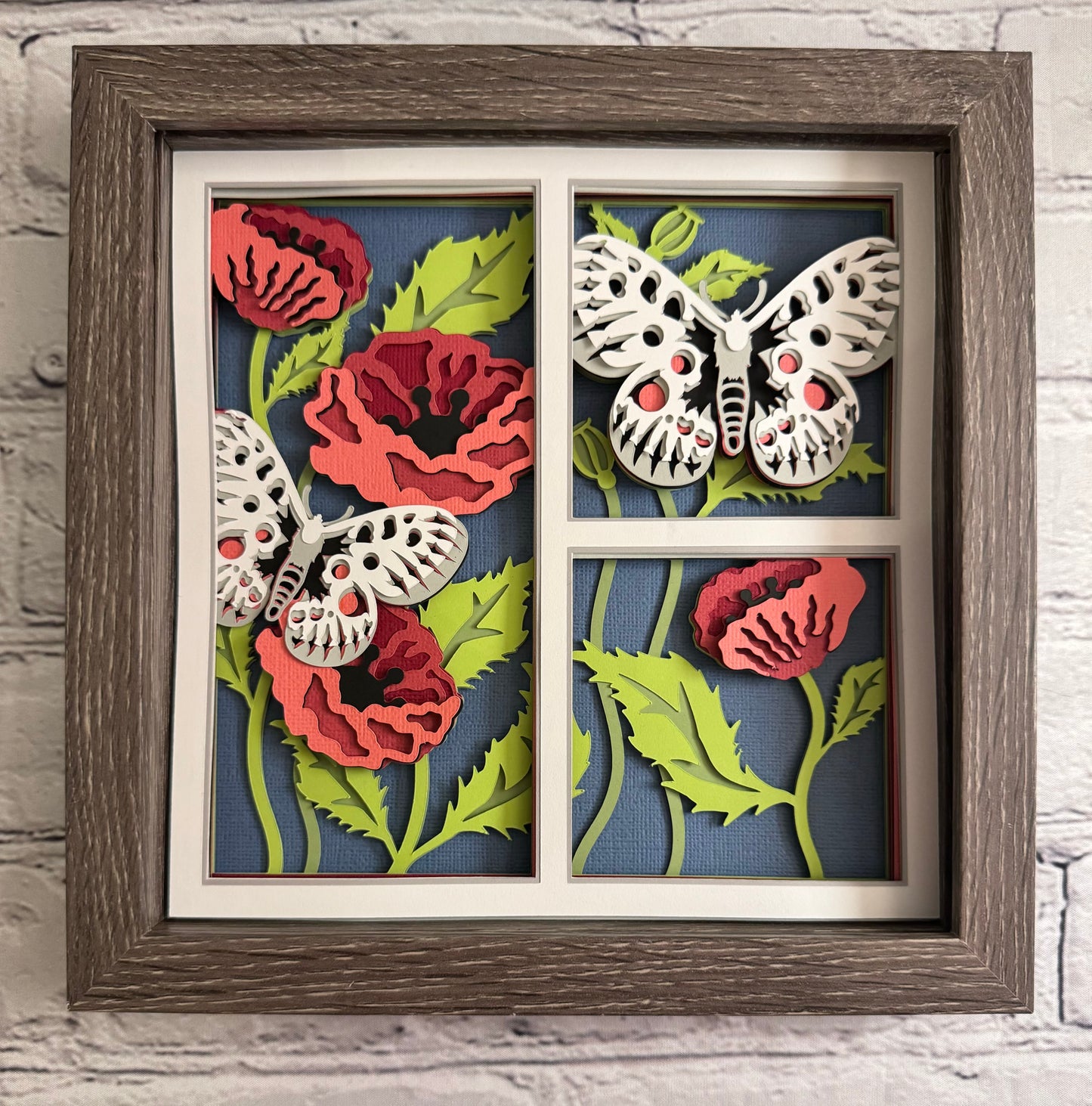 Butterfly 3 panel scene apollo butterfly 3D paper art in a shadowbox