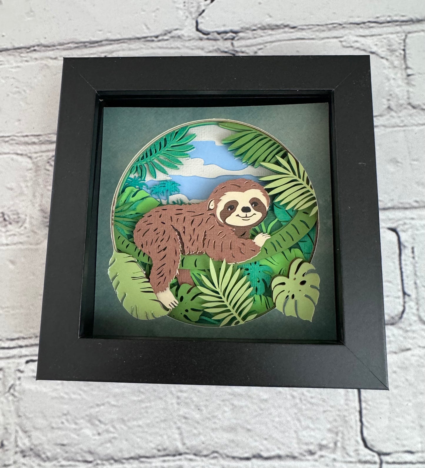 Sloth in the trees mini 3D paper art in a shadowbox