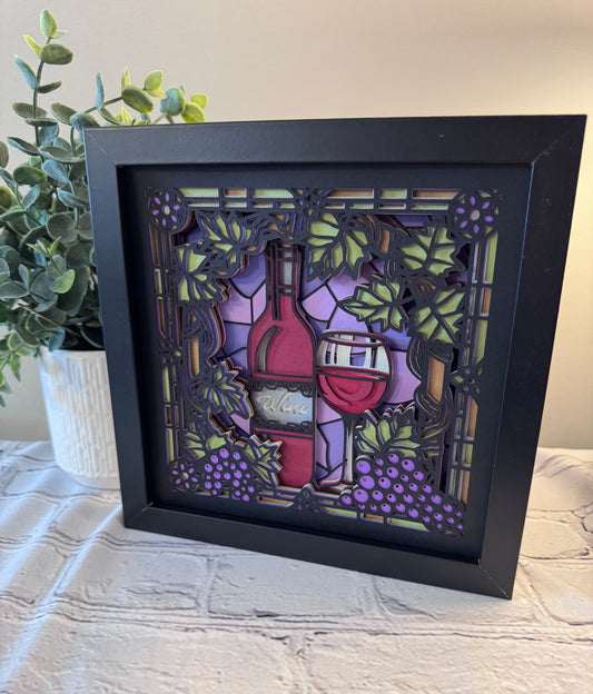 Stained glass wine 3D paper art in a shadowbox