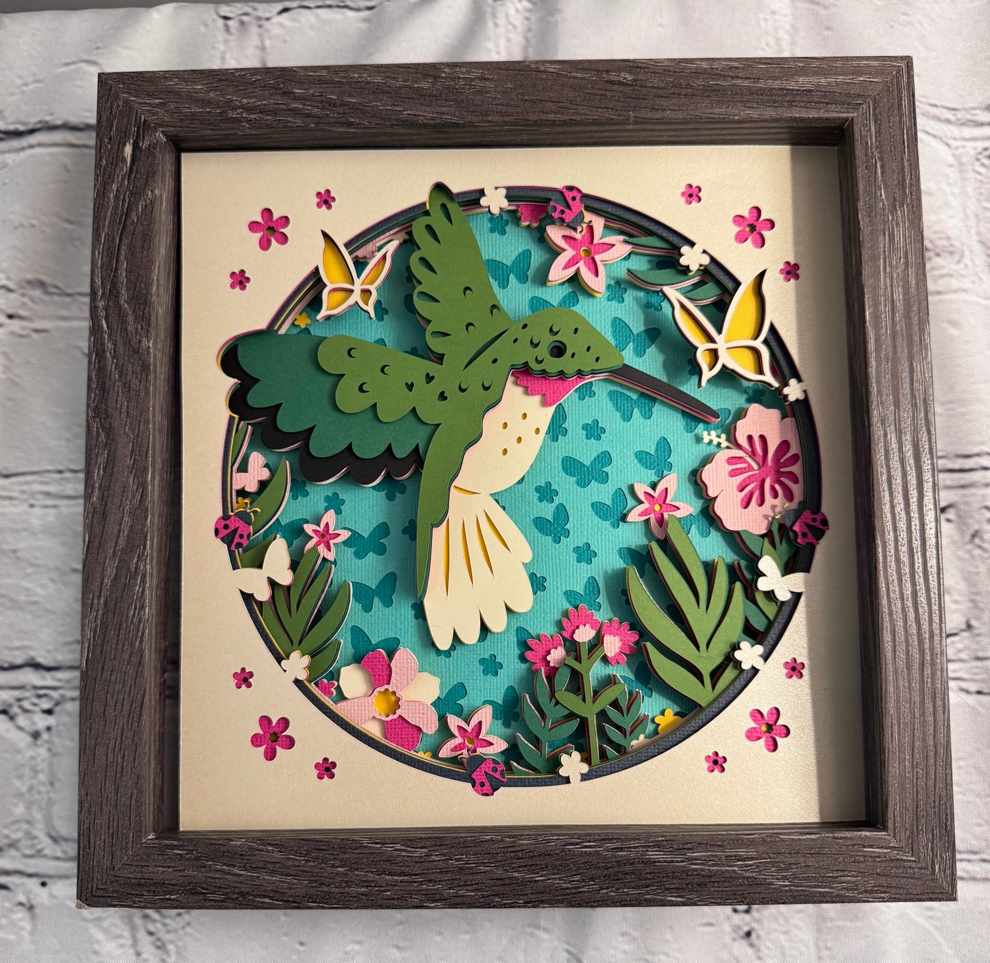 Floral hummingbird 3D paper art in a shadowbox