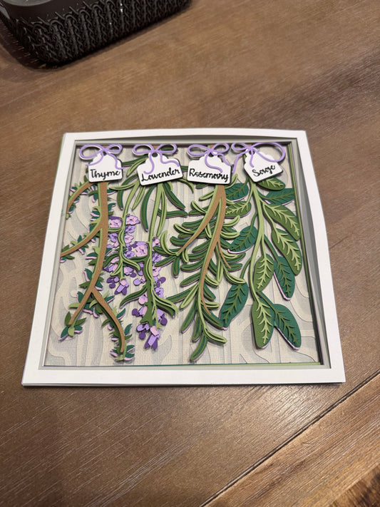 Herbs and flowers 3D paper art in a shadowbox