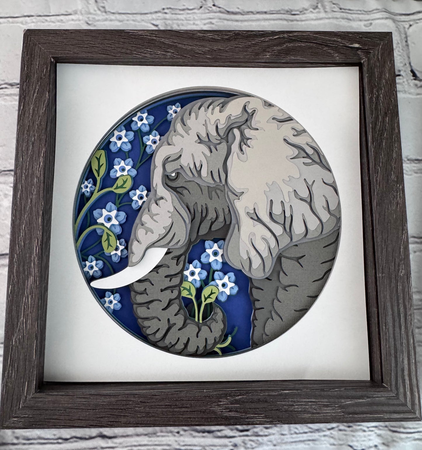 Elephant 3D paper art in a shadowbox